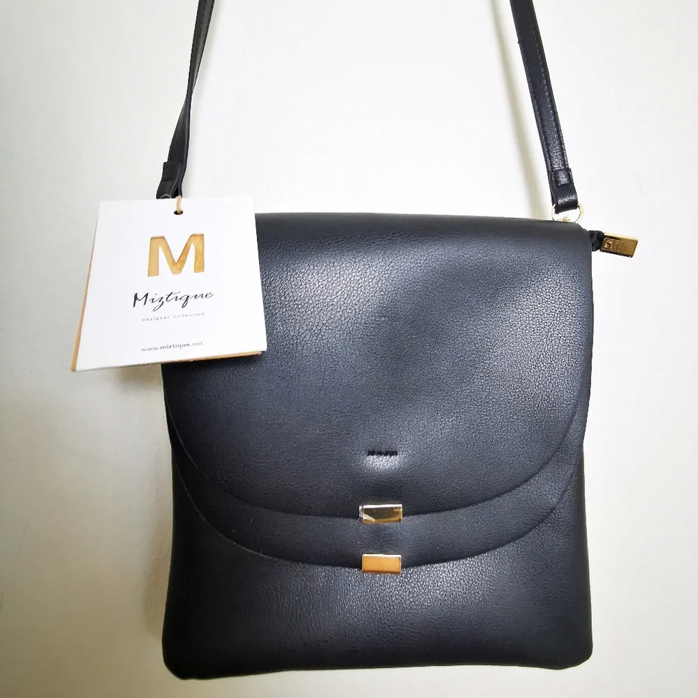 NWT Miztique Crossbody Bag designer collection black and gold multi compartment - Picture 6 of 13